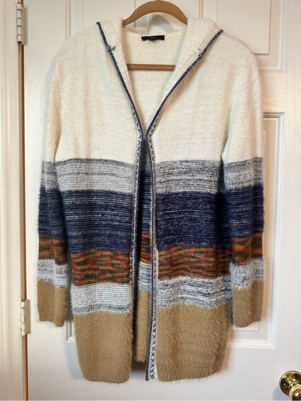 Fate Striped Hooded Cardigan Sweater - White, Navy & Tan with Orange Accent